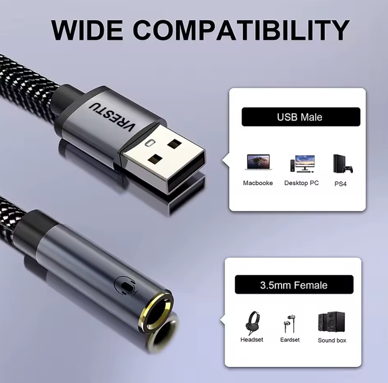 2-in-1 USB to 3.5mm Female & USB External Sound Card Adapter – HiFi Stereo AUX Converter for PS5, PC & Speakers – 20cm