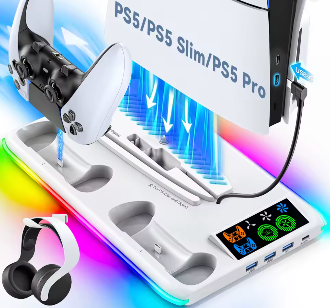 Cooling Stand with Headphone Hook & Controller Charging Dock for PS5 / PS5 Slim / PS5 Pro – 3-Speed Fan, Vertical Base & Game Storage