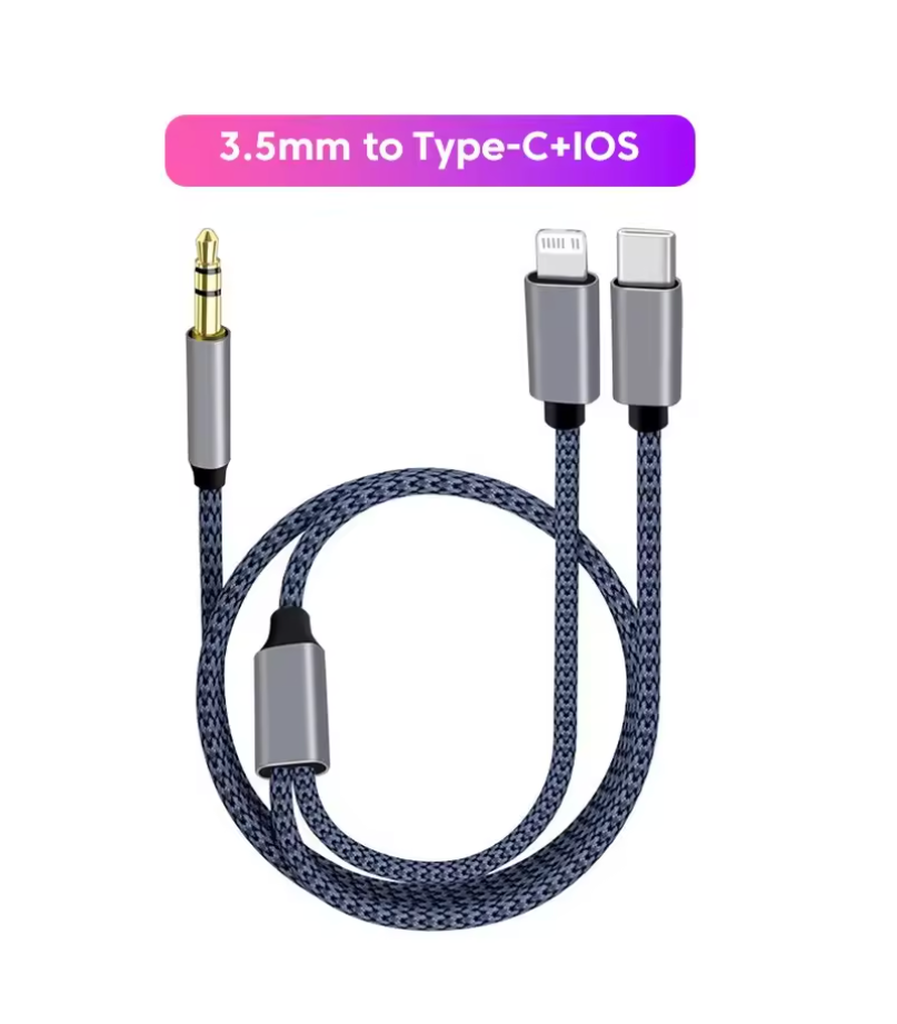 3-in-1 Type-C to 3.5mm Jack & iOS Audio Cable Adapter – USB-C to Male AUX Converter for iPhone, iPad & Car Speaker
