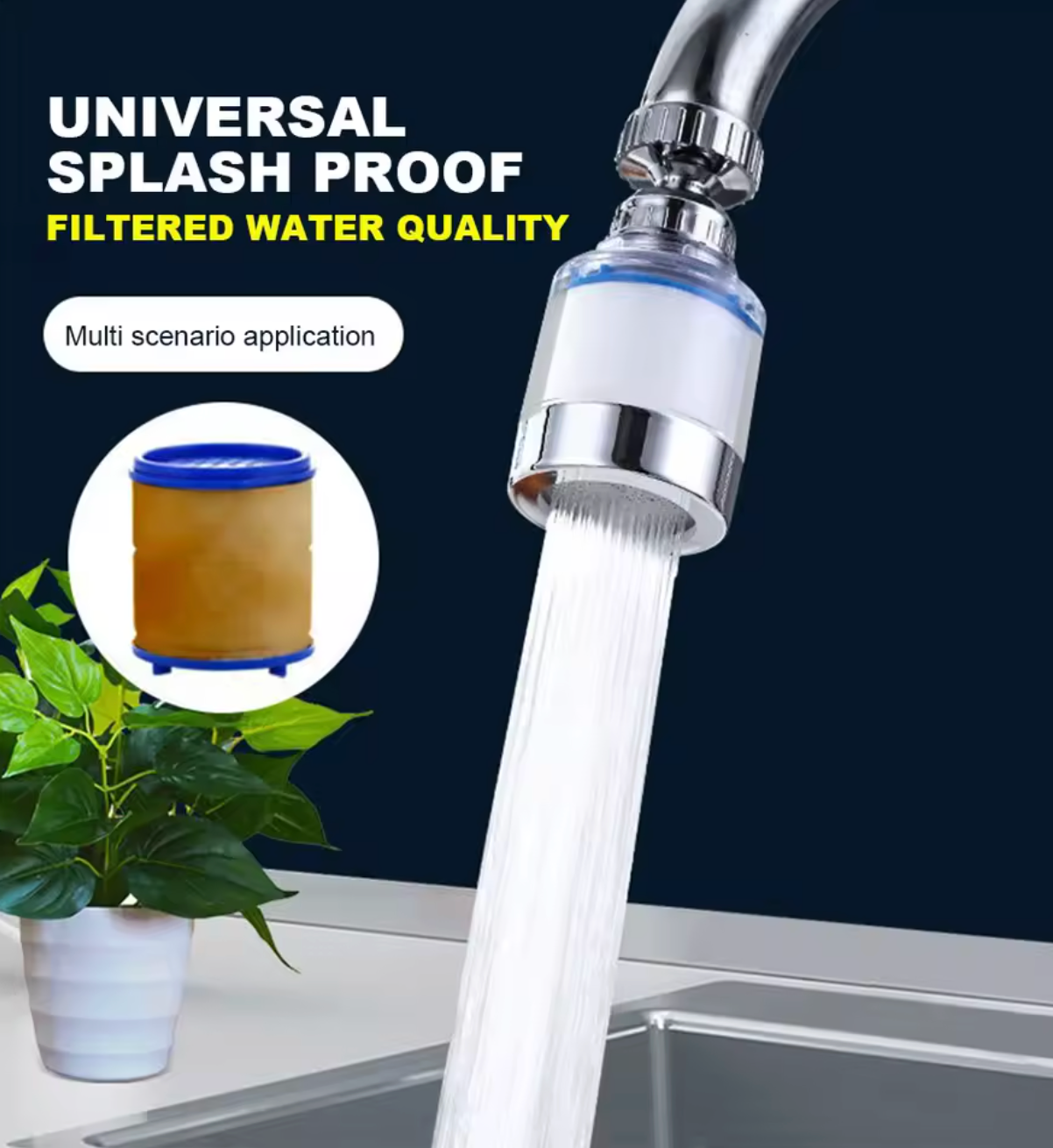 Whirlypool Kraan Water Schoon Filter Purifier 360° Roterende Spatfilter Kraanadapter met Waterbesparend Ontwerp & PP-Katoen Filter – Voor Keuken & Badkamer