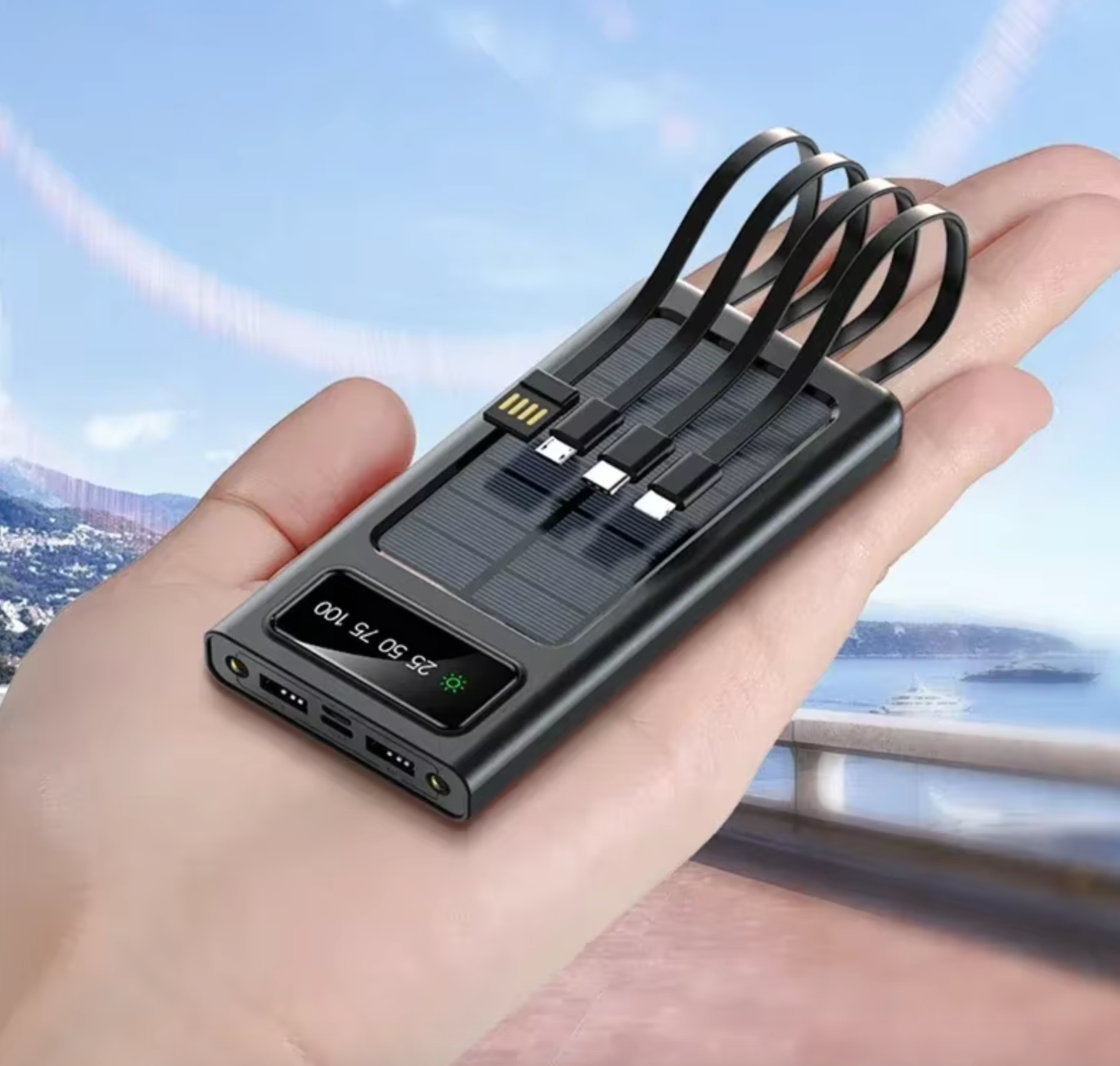 Xiaomi 20,000mAh Solar Power Bank – Dual USB, Type-C, Lightning Fast Charging with LED Light & Built-in Cables