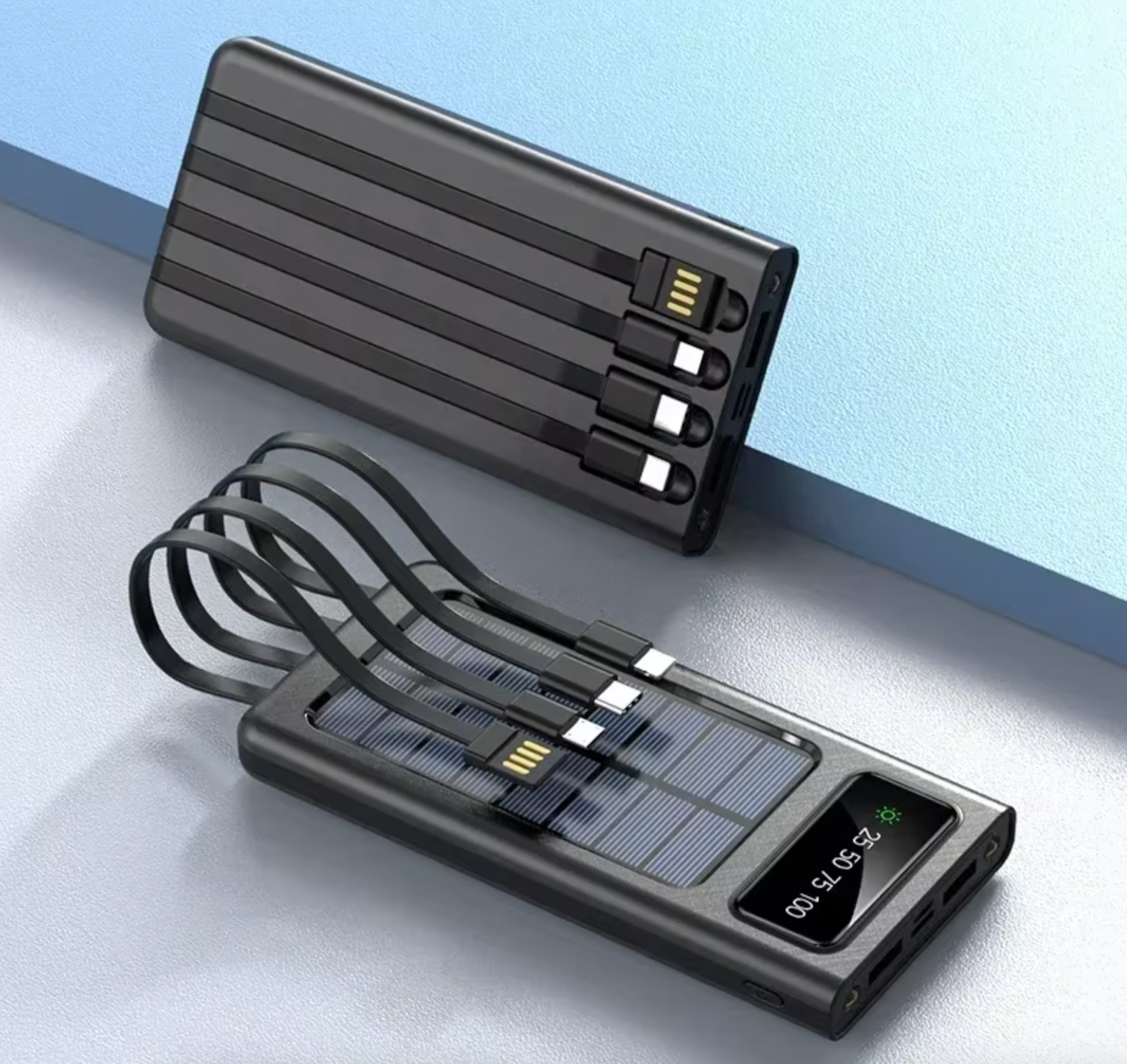 Xiaomi 20,000mAh Solar Power Bank – Dual USB, Type-C, Lightning Fast Charging with LED Light & Built-in Cables