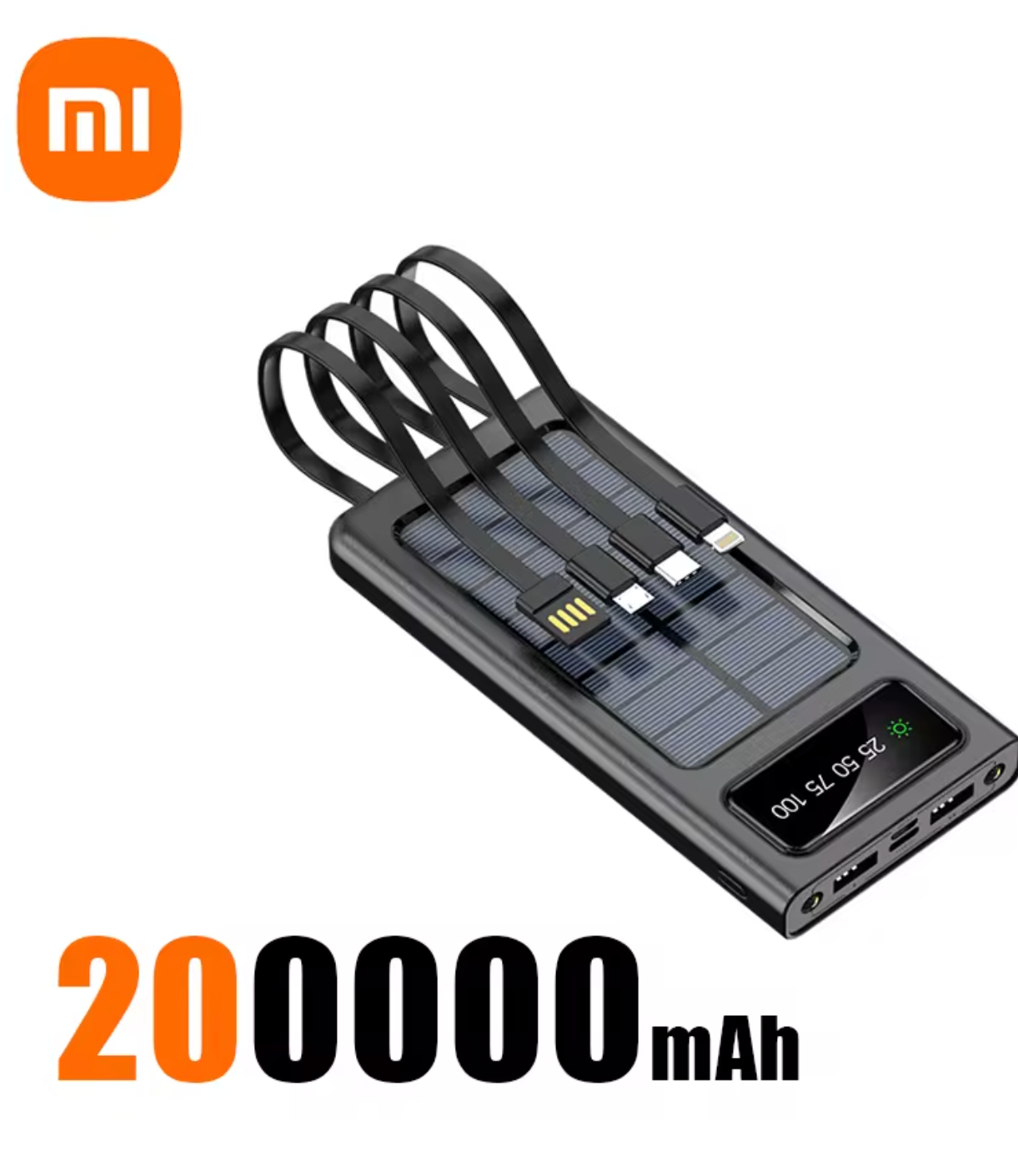 Xiaomi 20,000mAh Solar Power Bank – Dual USB, Type-C, Lightning Fast Charging with LED Light & Built-in Cables