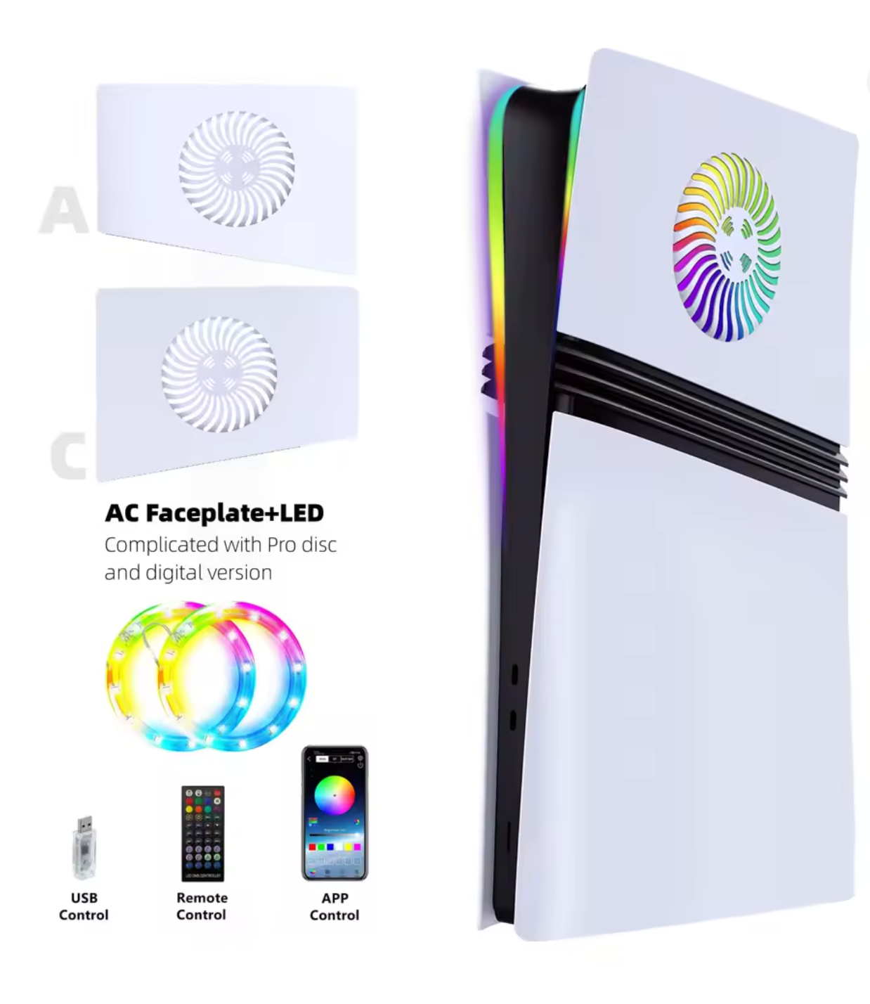 RGB LED Faceplates for PS5 Pro Disc Edition – Custom DIY Shell Cover with 400+ Light Effects & Ventilation Slots