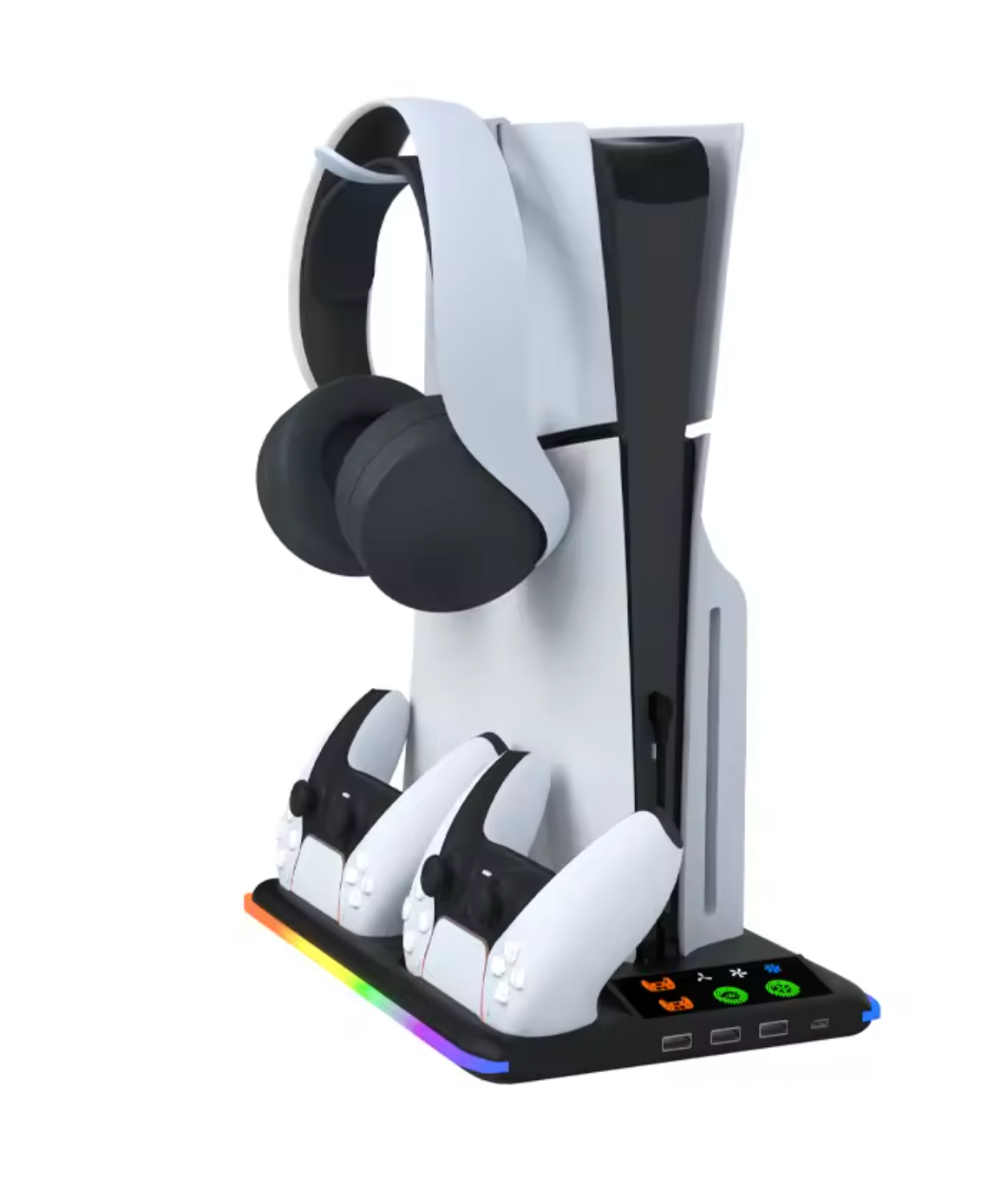 Cooling Stand with Headphone Hook & Controller Charging Dock for PS5 / PS5 Slim / PS5 Pro – 3-Speed Fan, Vertical Base & Game Storage