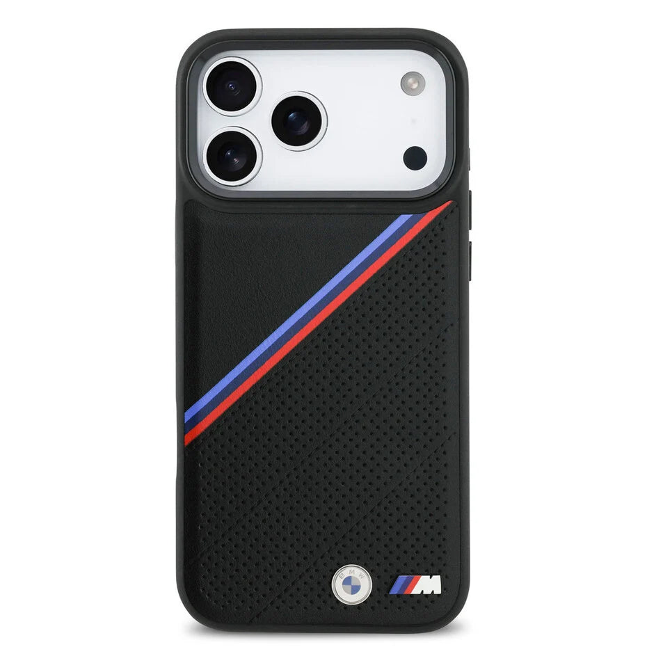BMW iPhone 17 Pro Max Backcover Hoesje – MagSafe PU Leather Case met Tricolor Slanted Stripes & Metalen BMW Logo’s – Premium Luxe Bescherming Zwart