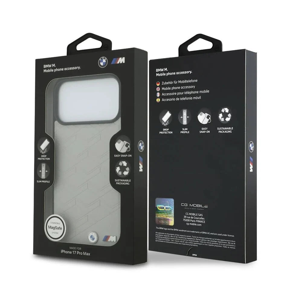 BMW iPhone 17 Pro Max Backcover Hoesje – MagSafe Seat Shaped Premium Leather Case met Metalen BMW Logo’s – Extra Grip & Luxe Bescherming Grijs