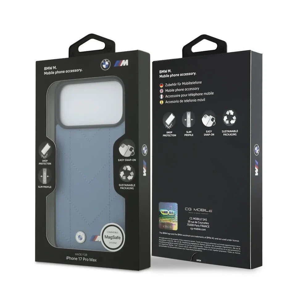 BMW iPhone 17 Pro Max Backcover Hoesje – Premium Quilted Leather Case met MagSafe & Metal Logo – Luxe Bescherming
