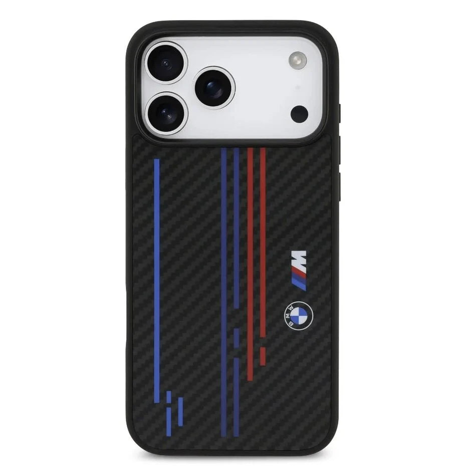 BMW iPhone 17 Pro Max Backcover Hoesje – Ultra Slim MagSafe Kevlar Case met Printed Tricolor Striping & Metalen BMW Logo – Shockproof Bescherming