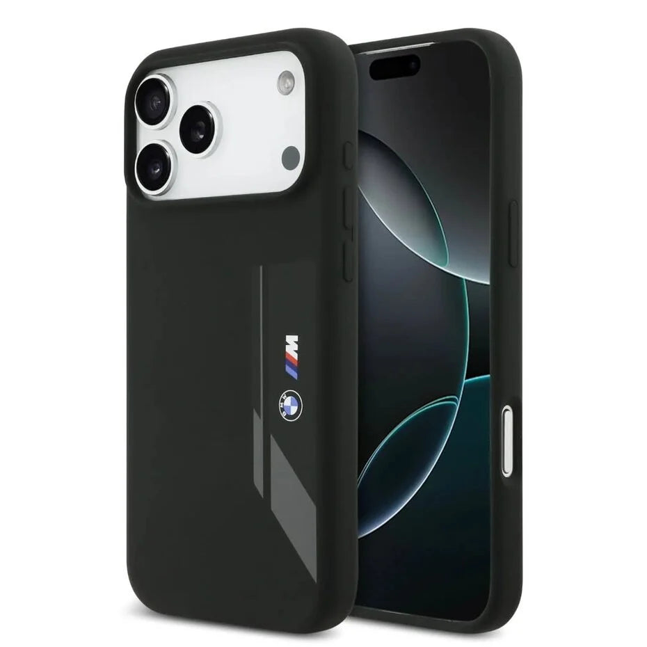 BMW iPhone 17 Pro Max Backcover Hoesje – MagSafe Liquid Silicone Case – Luxe Vloeibaar Siliconen Bescherming met Verticaal BMW Logo Zwart