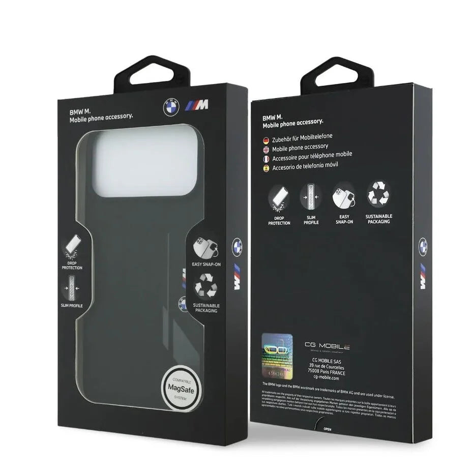 BMW iPhone 17 Pro Max Backcover Hoesje – MagSafe Liquid Silicone Case – Luxe Vloeibaar Siliconen Bescherming met Verticaal BMW Logo Zwart