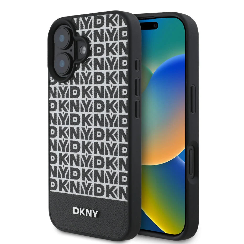 DKNY iPhone 16 Achterkant hoesje PU Leer Herhaalpatroon Onderkant Streep MagSafe Zwart