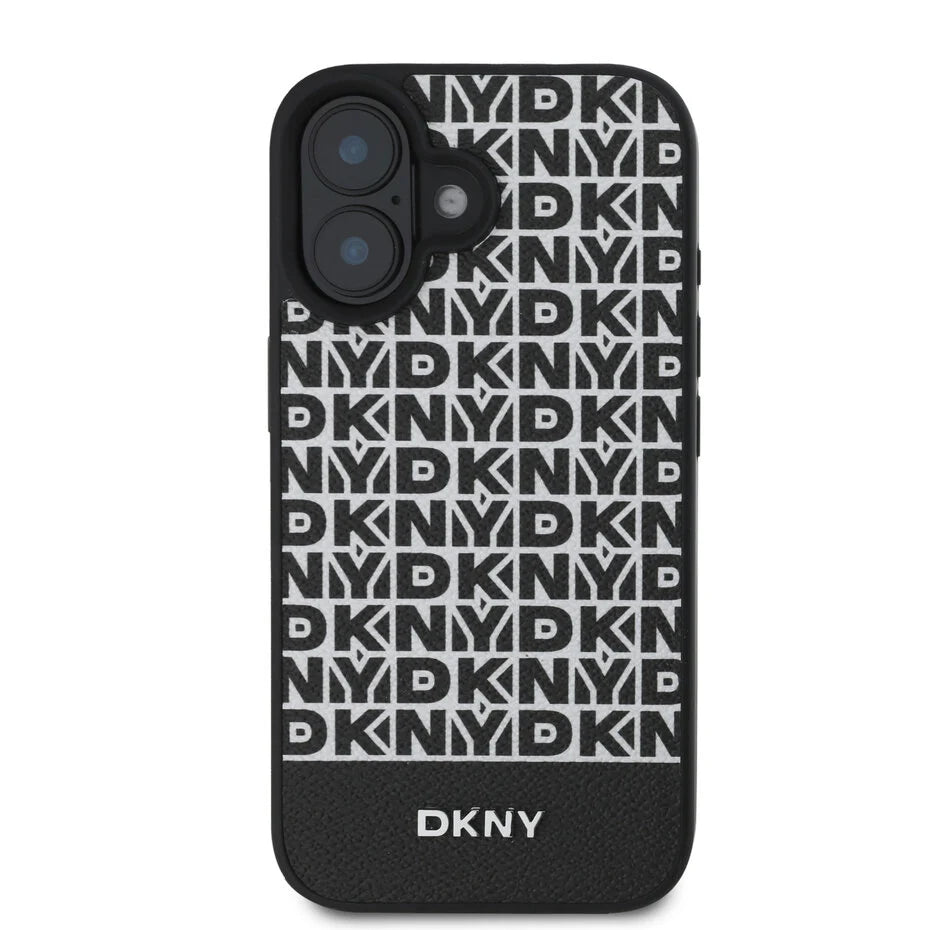 DKNY iPhone 16 Achterkant hoesje PU Leer Herhaalpatroon Onderkant Streep MagSafe Zwart