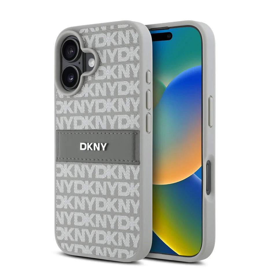 DKNY iPhone 16 Achterkant hoesje PU Leer Herhaalpatroon Tonaal Streep Roze