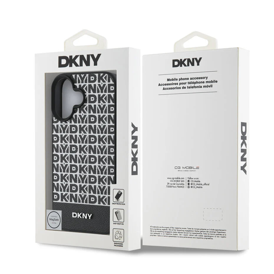 DKNY iPhone 16 Achterkant hoesje PU Leer Herhaalpatroon Onderkant Streep MagSafe Zwart