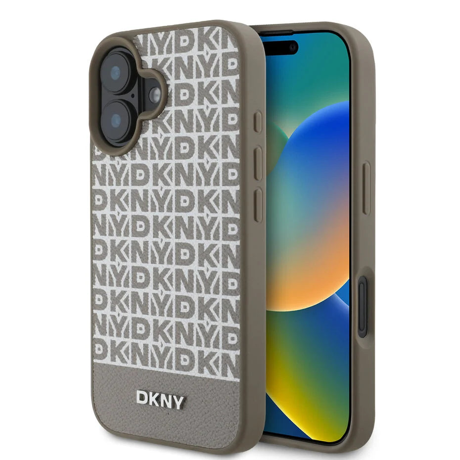 DKNY iPhone 16 Achterkant hoesje PU Leer Herhaalpatroon Onderkant Streep MagSafe Bruin