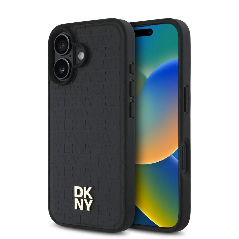 DKNY iPhone 16 Achterkant hoesje PU Leer Herhaalpatroon Stack Logo MagSafe Zwart