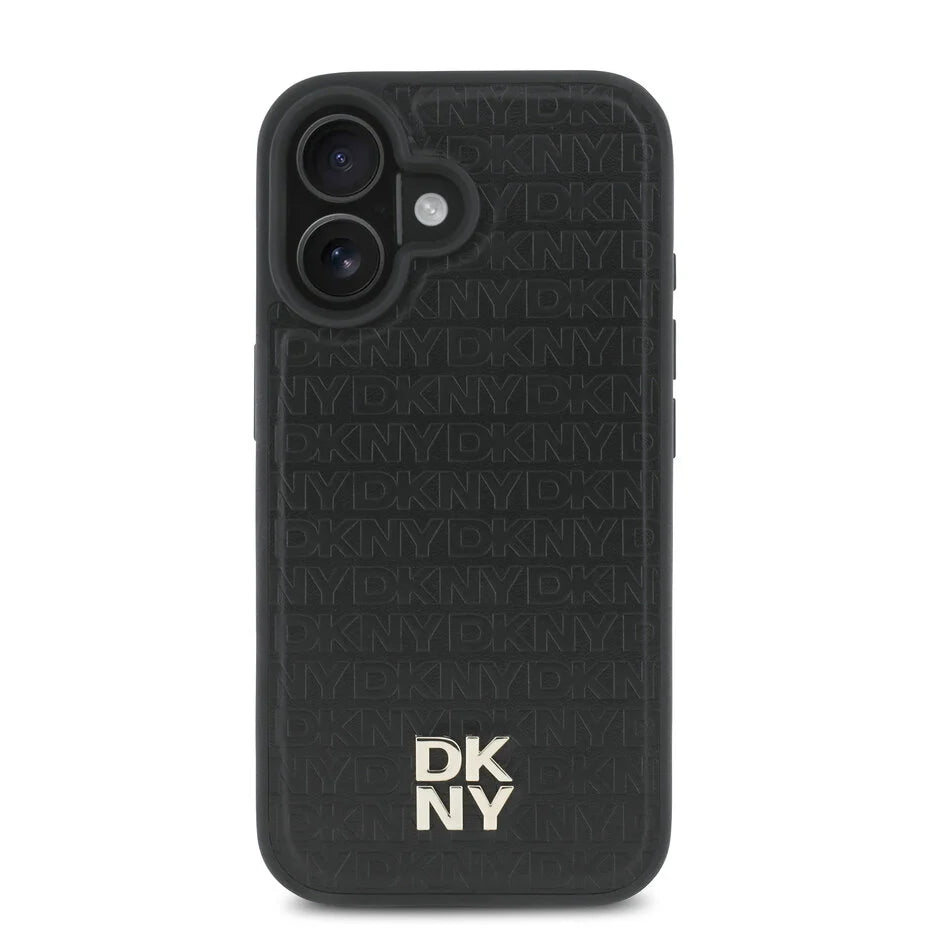 DKNY iPhone 16 Achterkant hoesje PU Leer Herhaalpatroon Stack Logo MagSafe Zwart