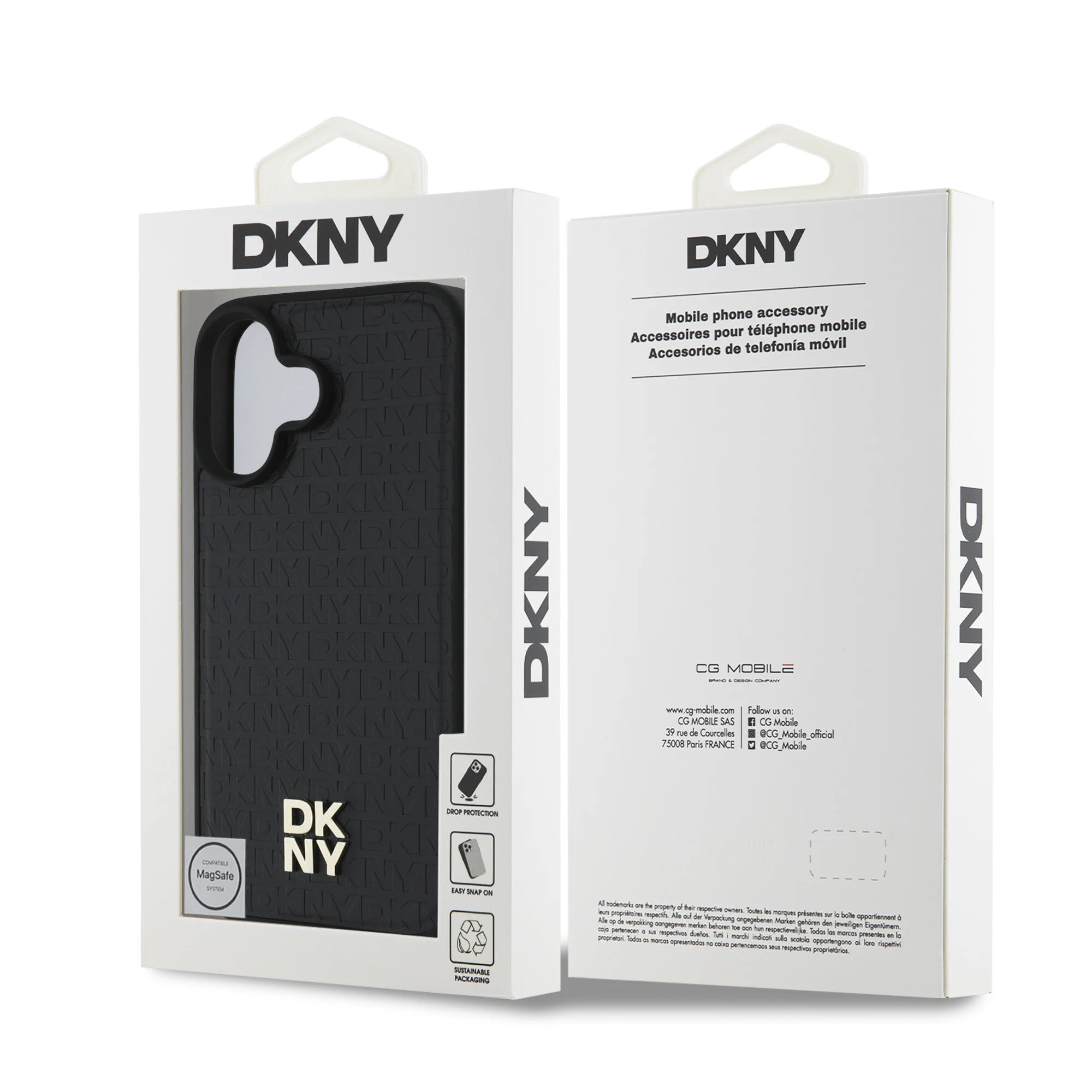 DKNY iPhone 16 Achterkant hoesje PU Leer Herhaalpatroon Stack Logo MagSafe Zwart