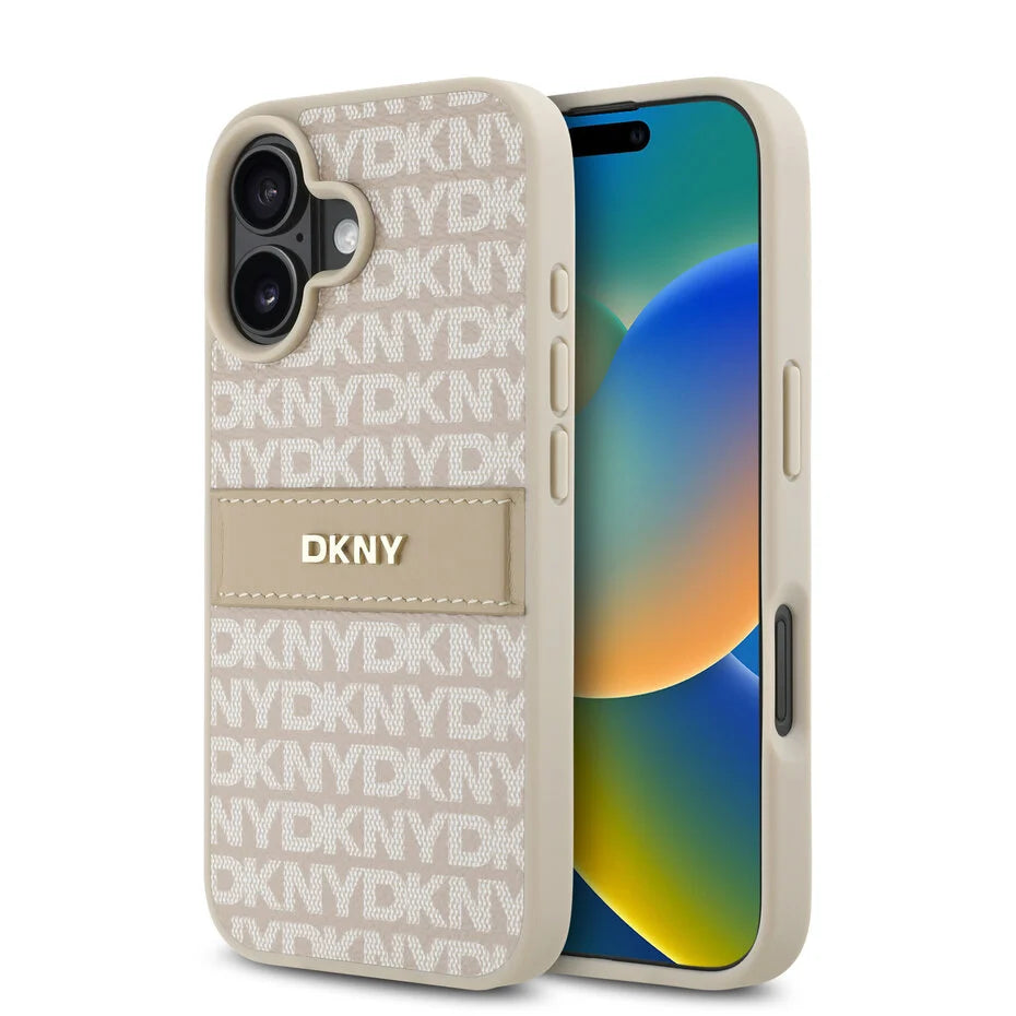 DKNY iPhone 16 Achterkant hoesje PU Leer Herhaalpatroon Tonaal Streep Roze