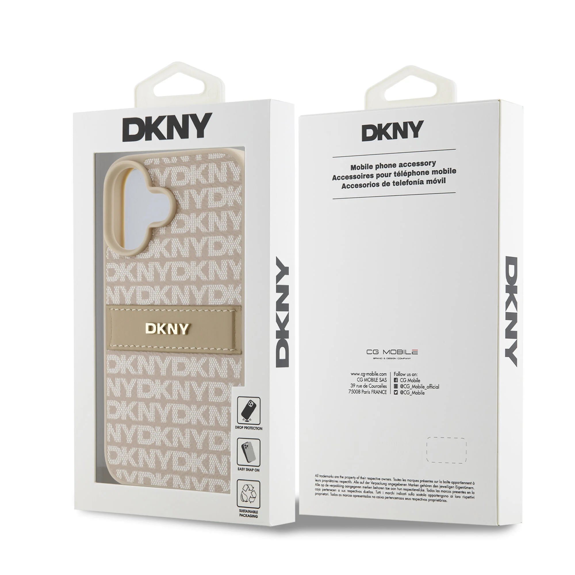 DKNY iPhone 16 Achterkant hoesje PU Leer Herhaalpatroon Tonaal Streep Roze