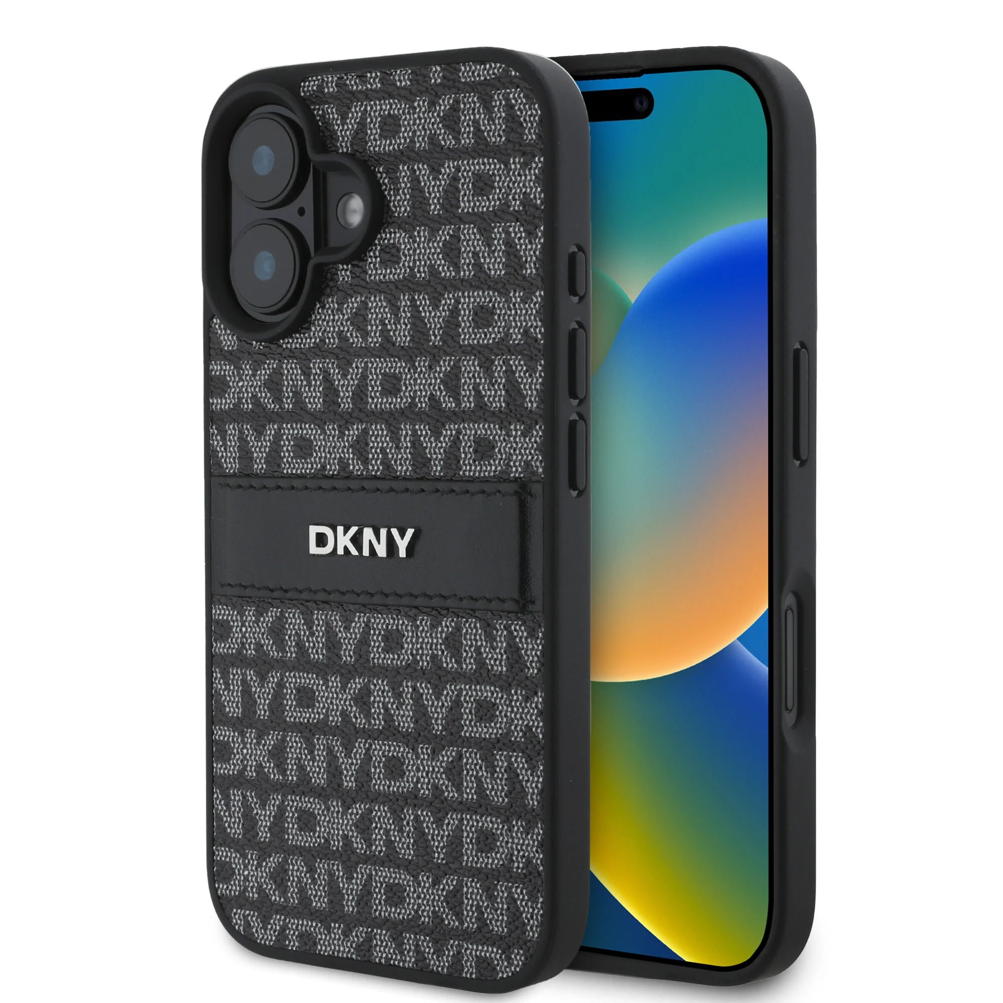 DKNY iPhone 16 Achterkant hoesje PU Leer Herhaalpatroon Tonaal Streep Zwart