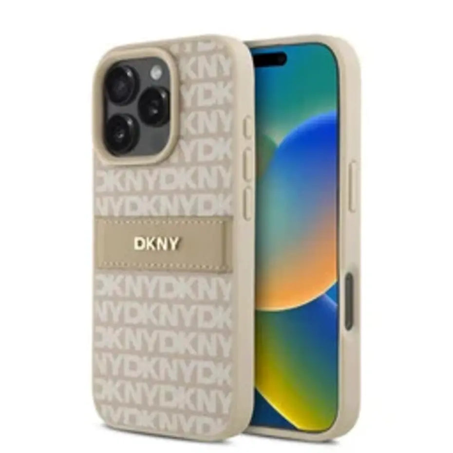 DKNY iPhone 16 Pro Max Achterkant hoesje - PU Leer Herhaalpatroon Tonaal Streep Roze