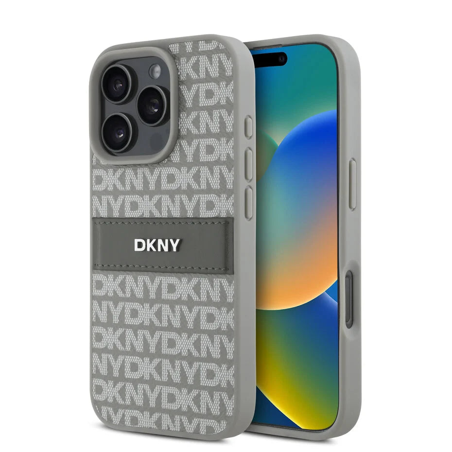 DKNY iPhone 16 Pro Max Achterkant hoesje - PU Leer Herhaalpatroon Tonaal Streep Roze