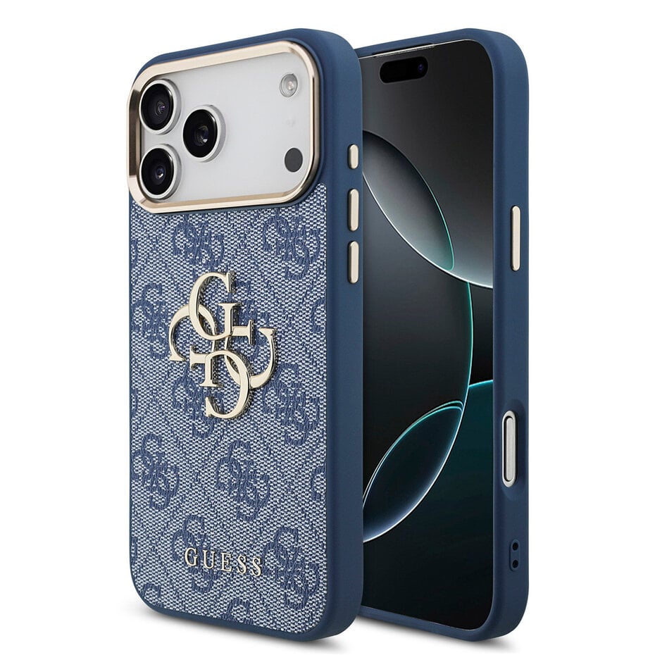 Guess iPhone 17 Pro Max Backcover Hoesje Blue – Luxe 4G Big Metal Logo Design met Gouden Rand – Shockproof Bescherming & Premium Afwerking