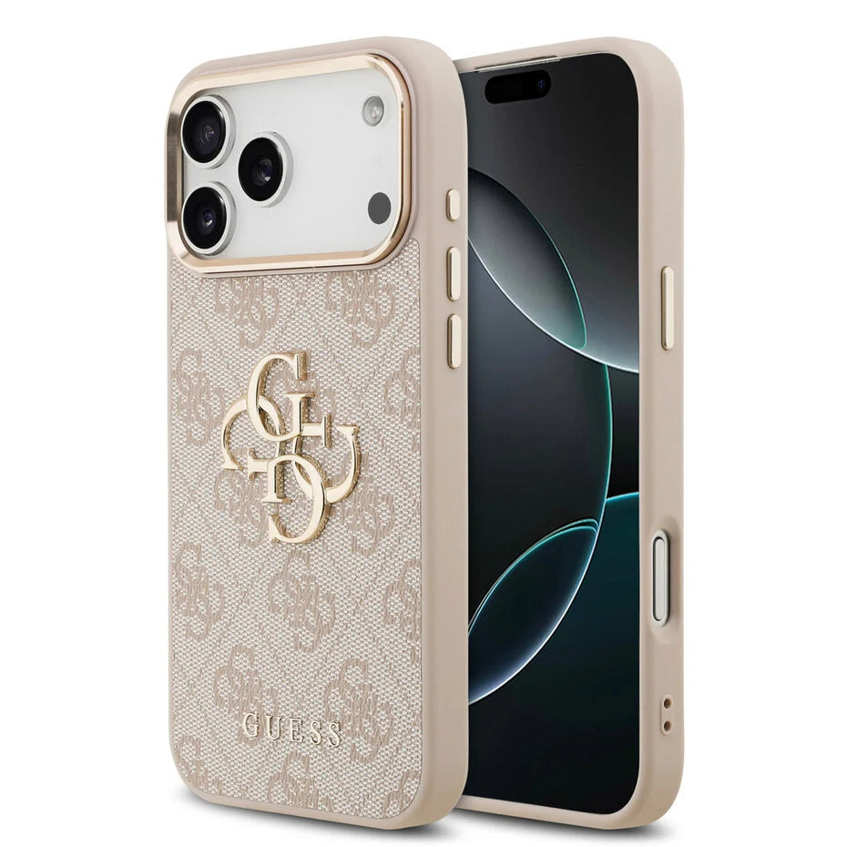 Guess iPhone 17 Pro Max Backcover Hoesje Roos – Luxe 4G Big Metal Logo Design met Gouden Rand – Shockproof Bescherming & Premium Afwerking