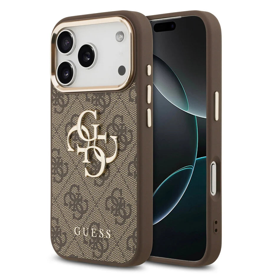 Guess iPhone 17 Pro Max Backcover Hoesje Bruin – Luxe 4G Big Metal Logo Design met Gouden Rand – Shockproof Bescherming & Premium Afwerking
