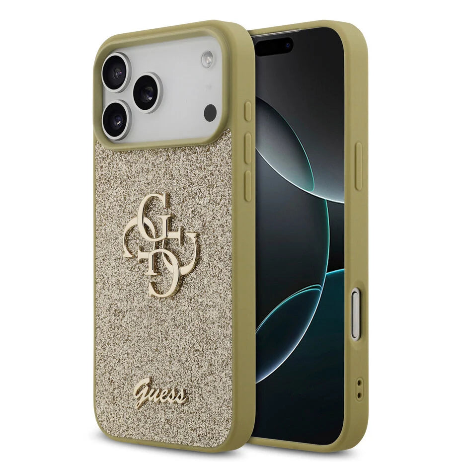 Guess iPhone 17 Pro Max Backcover Hoesje Goud – Luxe Big 4G Design – Fixed Glitter Swarovski – Premium Fashion Case
