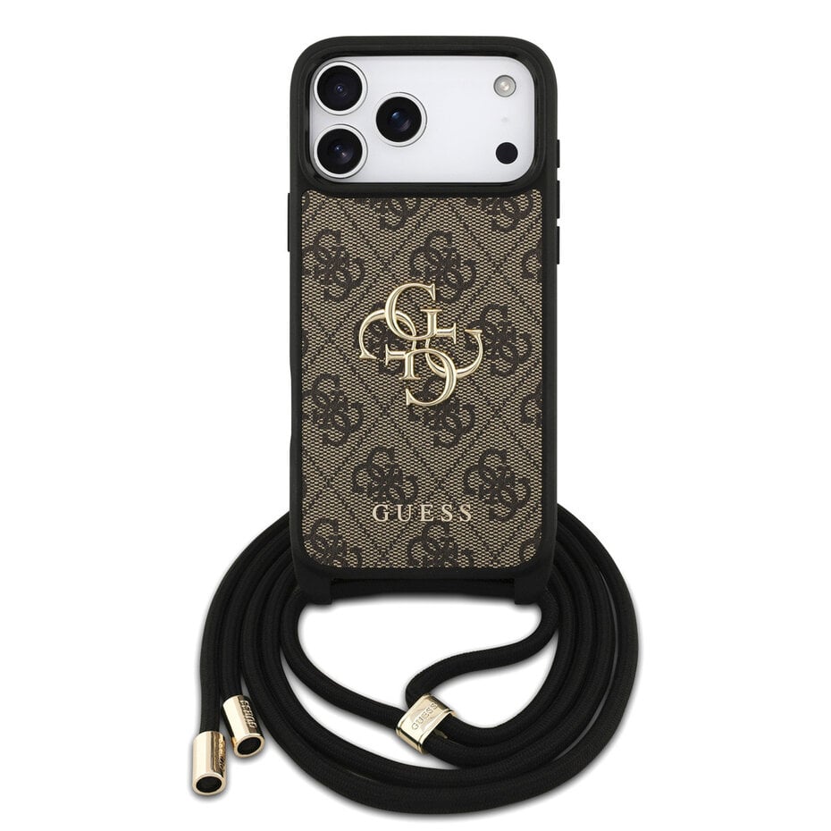 Guess iPhone 17 Pro Max Backcover Hoesje – Luxe Crossbody Case met 4G Big Logo, Verstelbare Cord Strap & Premium Bescherming Bruin