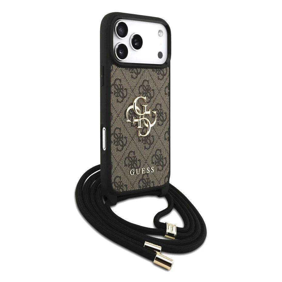 Guess iPhone 17 Pro Max Backcover Hoesje – Luxe Crossbody Case met 4G Big Logo, Verstelbare Cord Strap & Premium Bescherming Bruin