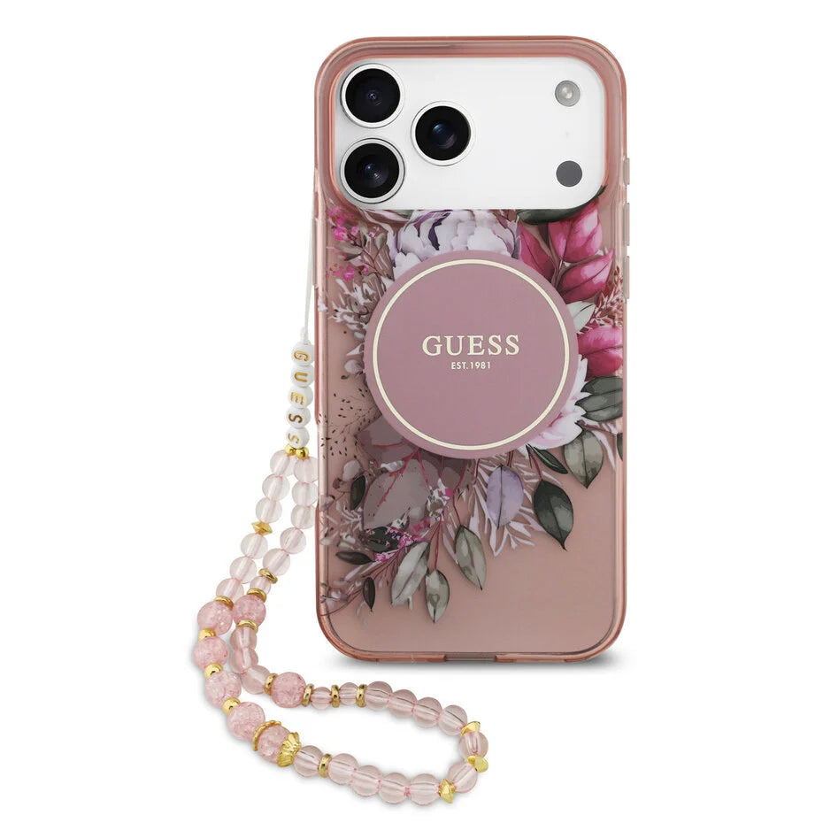 Guess iPhone 17 Pro Max Backcover Hoesje – Magsafe Compatible – IML Flowers Design met Luxe Pearl Strap – Shockproof Fashion Case
