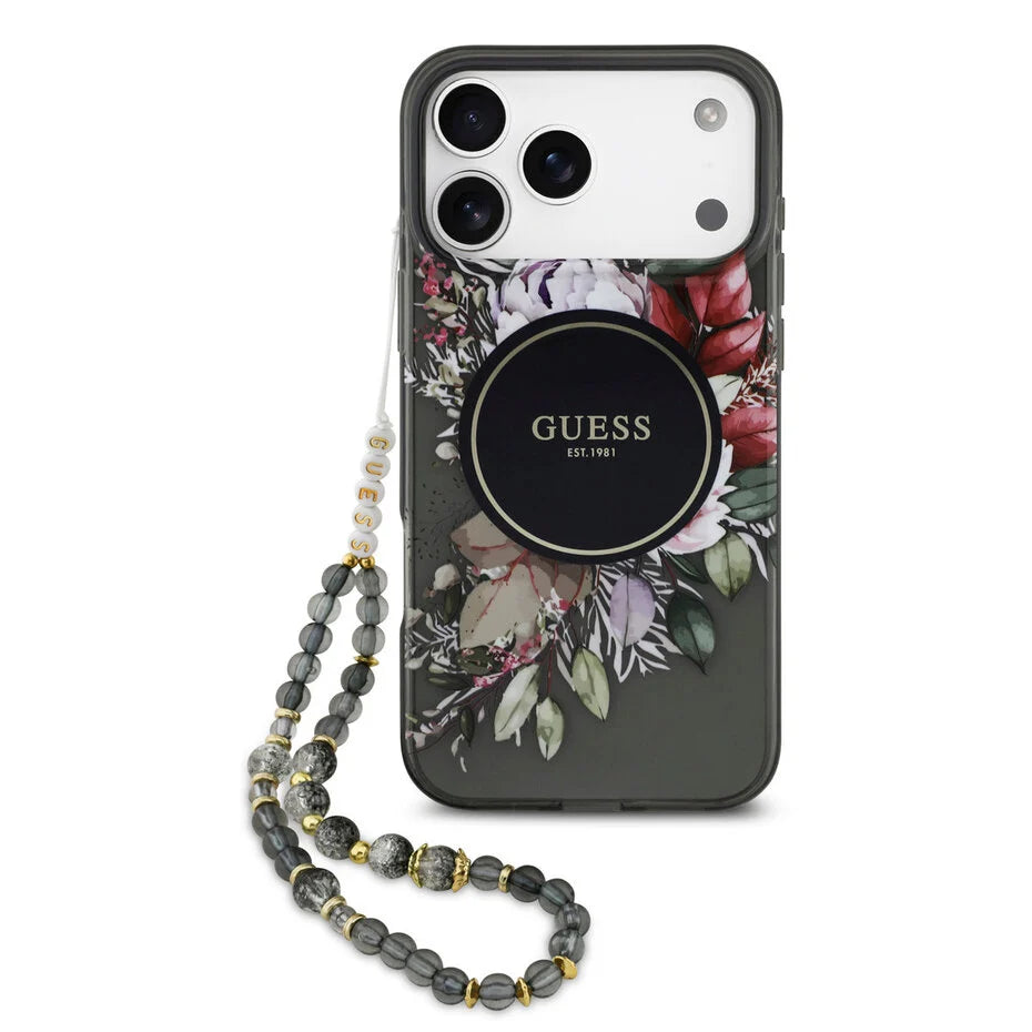Guess iPhone 17 Pro Max Backcover Hoesje – Magsafe Compatible – IML Flowers Design met Luxe Pearl Strap – Shockproof Fashion Case