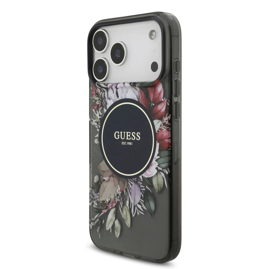 Guess iPhone 17 Pro Max Backcover Hoesje – Magsafe Compatible – IML Flowers Design met Luxe Pearl Strap – Shockproof Fashion Case