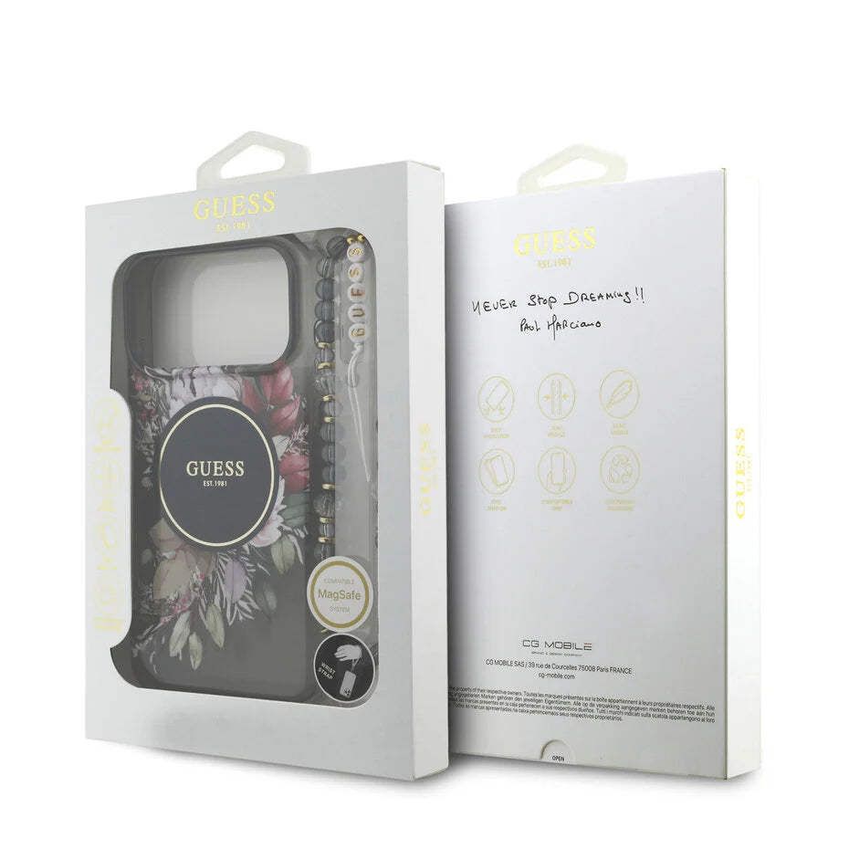 Guess iPhone 17 Pro Max Backcover Hoesje – Magsafe Compatible – IML Flowers Design met Luxe Pearl Strap – Shockproof Fashion Case