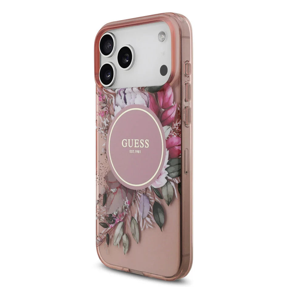Guess iPhone 17 Pro Max Backcover Hoesje – Magsafe Compatible – IML Flowers Design met Luxe Pearl Strap – Shockproof Fashion Case