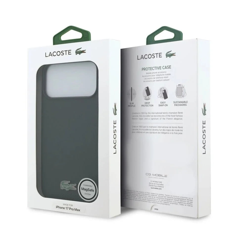 Lacoste iPhone 17 Pro Max Backcover Hoesje – MagSafe Compatible – Iconic Petit Piqué Textuur – Luxe Donkergroen Design