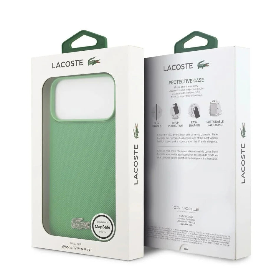 Lacoste iPhone 17 Pro Max Backcover Hoesje – MagSafe Compatibel – Iconic Petit Piqué Textuur – Premium Beschermhoes Groen