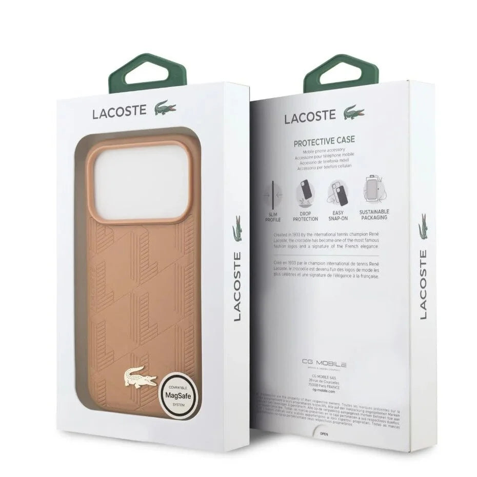 Lacoste iPhone 17 Pro Max Backcover Hoesje – MagSafe Compatibel – Luxe Monogramme Print met Goud Logo