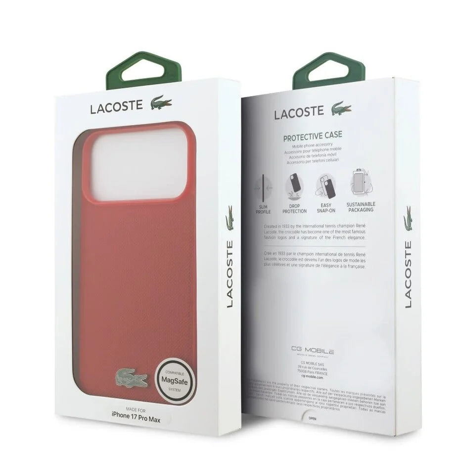Lacoste iPhone 17 Pro Max Backcover Hoesje – MagSafe Compatibel – Iconic Petit Piqué Logo – Premium Bescherming – Rood