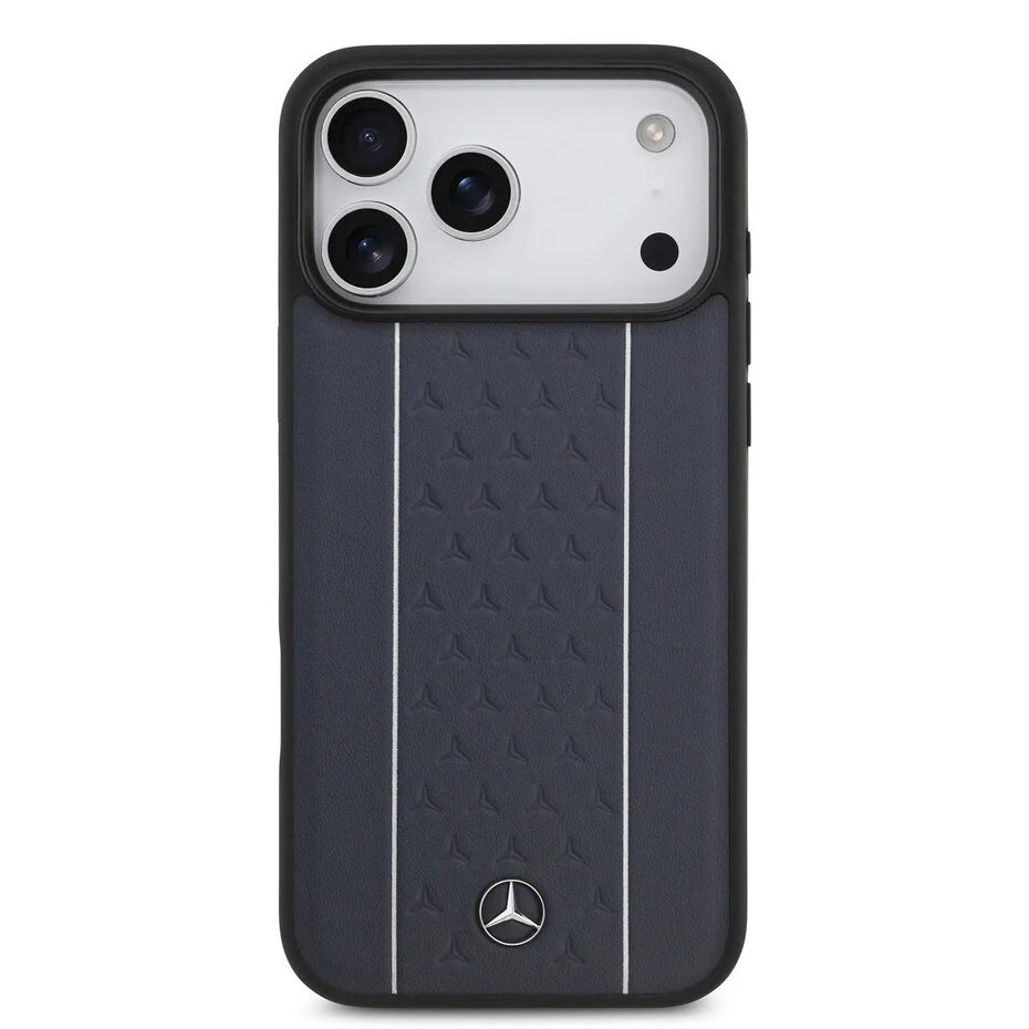 Mercedes-Benz iPhone 17 Pro Max Backcover Hoesje – Premium Genuine Leather – MagSafe Compatibel – Star Pattern & White Stripes – Navy Blue | Luxe Bescherming