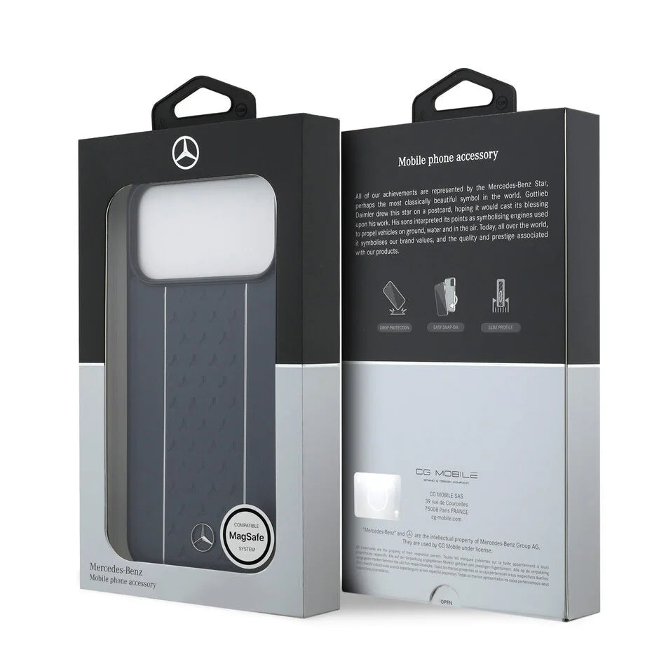 Mercedes-Benz iPhone 17 Pro Max Backcover Hoesje – Premium Genuine Leather – MagSafe Compatibel – Star Pattern & White Stripes – Navy Blue | Luxe Bescherming