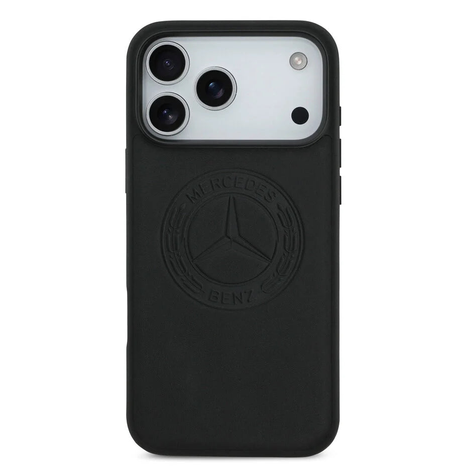 Mercedes-Benz iPhone 17 Pro Max Backcover Hoesje – Premium Genuine Leather – Vintage Logo – MagSafe Compatibel – Shockproof Luxe Bescherming – Zwart